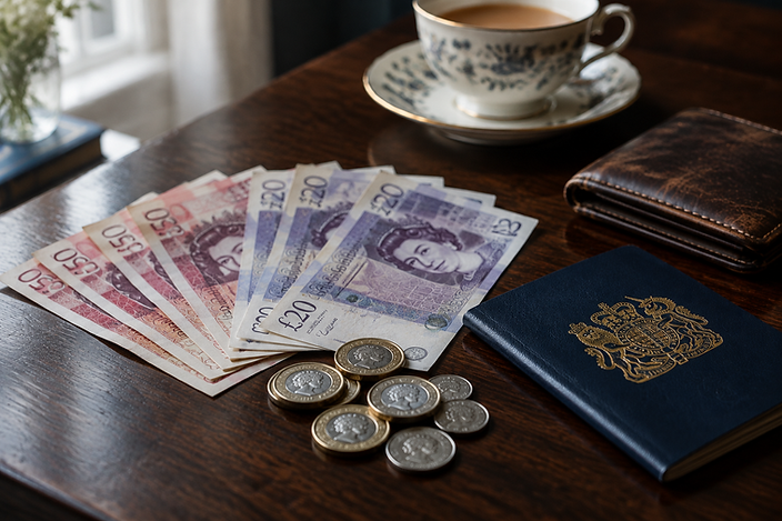British sterling banknotes and coins beside a leather wallet and a passport on a dark wooden table