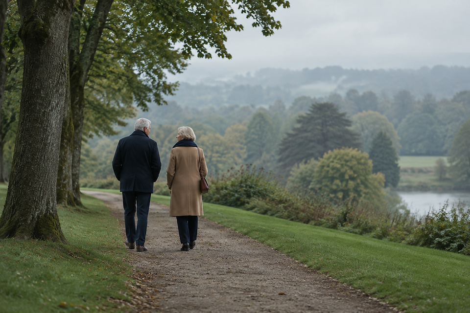 A British couple in their late sixties walking together along a tree-lined path in a green British park