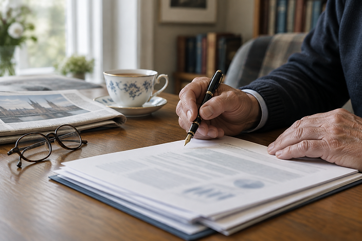 An older person's hands reviewing pension paperwork with a pen beside a cup of tea