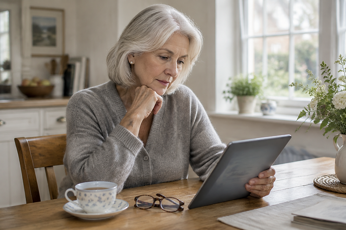 A British woman in her early seventies reading a document at her kitchen table with a cup of tea